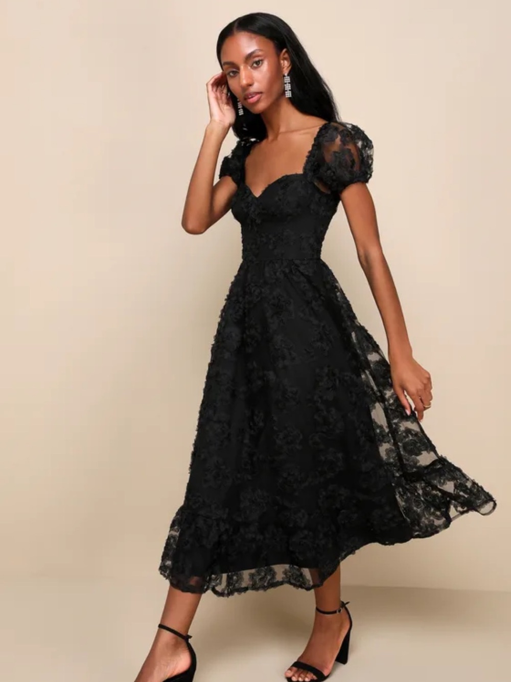 Lulus Women’s Black Lace Puff Sleeve Dress